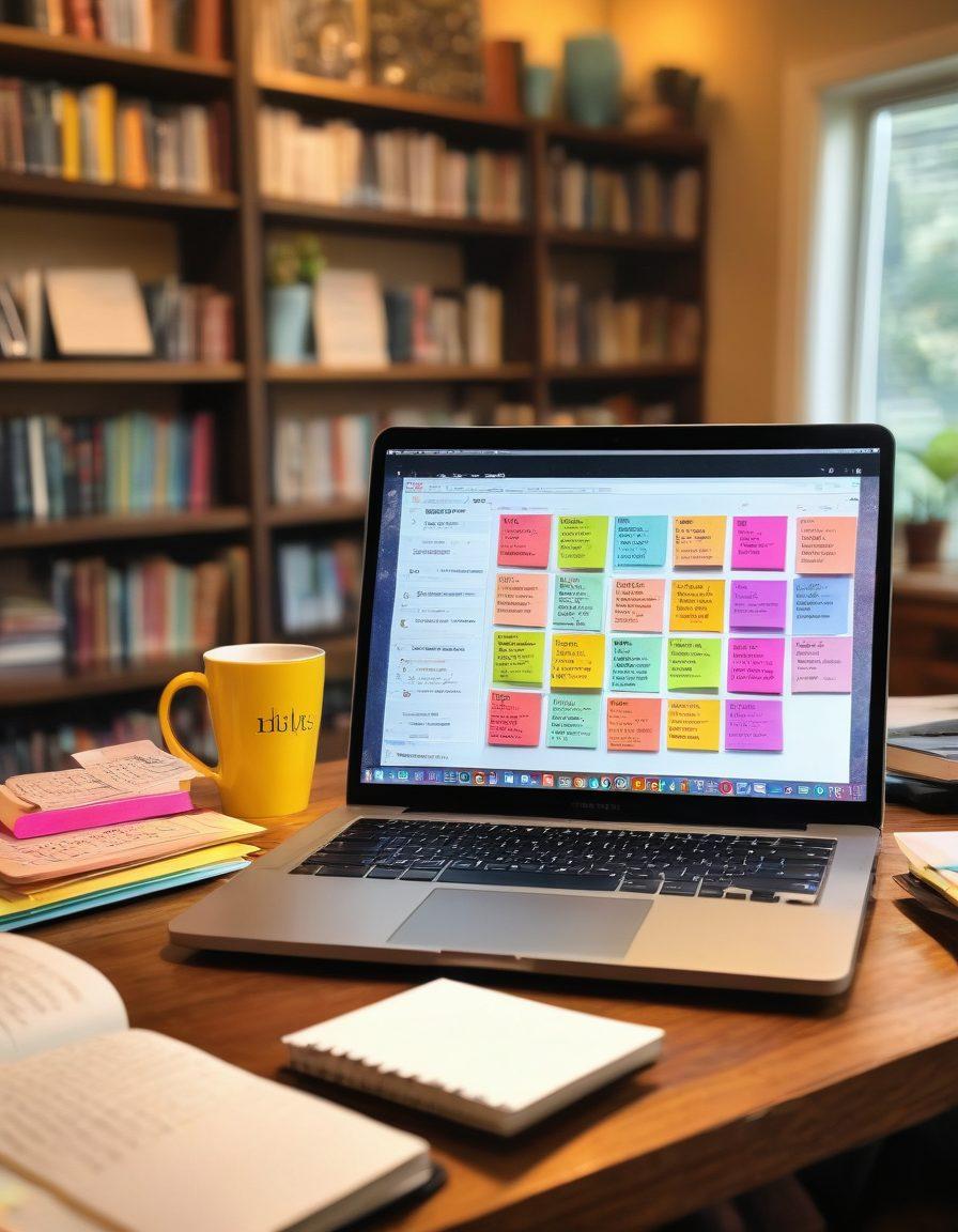 An open laptop with a notepad beside it, depicting a cozy workspace filled with colorful sticky notes and inspirational quotes. In the background, a bookshelf brimming with books on blogging and leadership, with a soft glowing light illuminating the scene. A steaming cup of coffee sits nearby to add warmth. The overall vibe should inspire creativity and productivity. super-realistic. vibrant colors. cozy atmosphere.