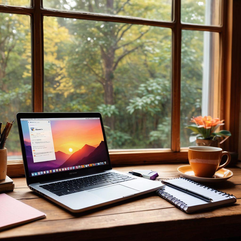 An open laptop resting on a wooden desk filled with colorful notebooks, pens, and a steaming cup of coffee, surrounded by inspiring quotes and blog post drafts. A faint light shines in from a nearby window, symbolizing enlightenment and creativity. Include elements that represent different blogging niches, like travel, food, and technology, subtly integrated into the scene. warm tones. super-realistic. vibrant colors.