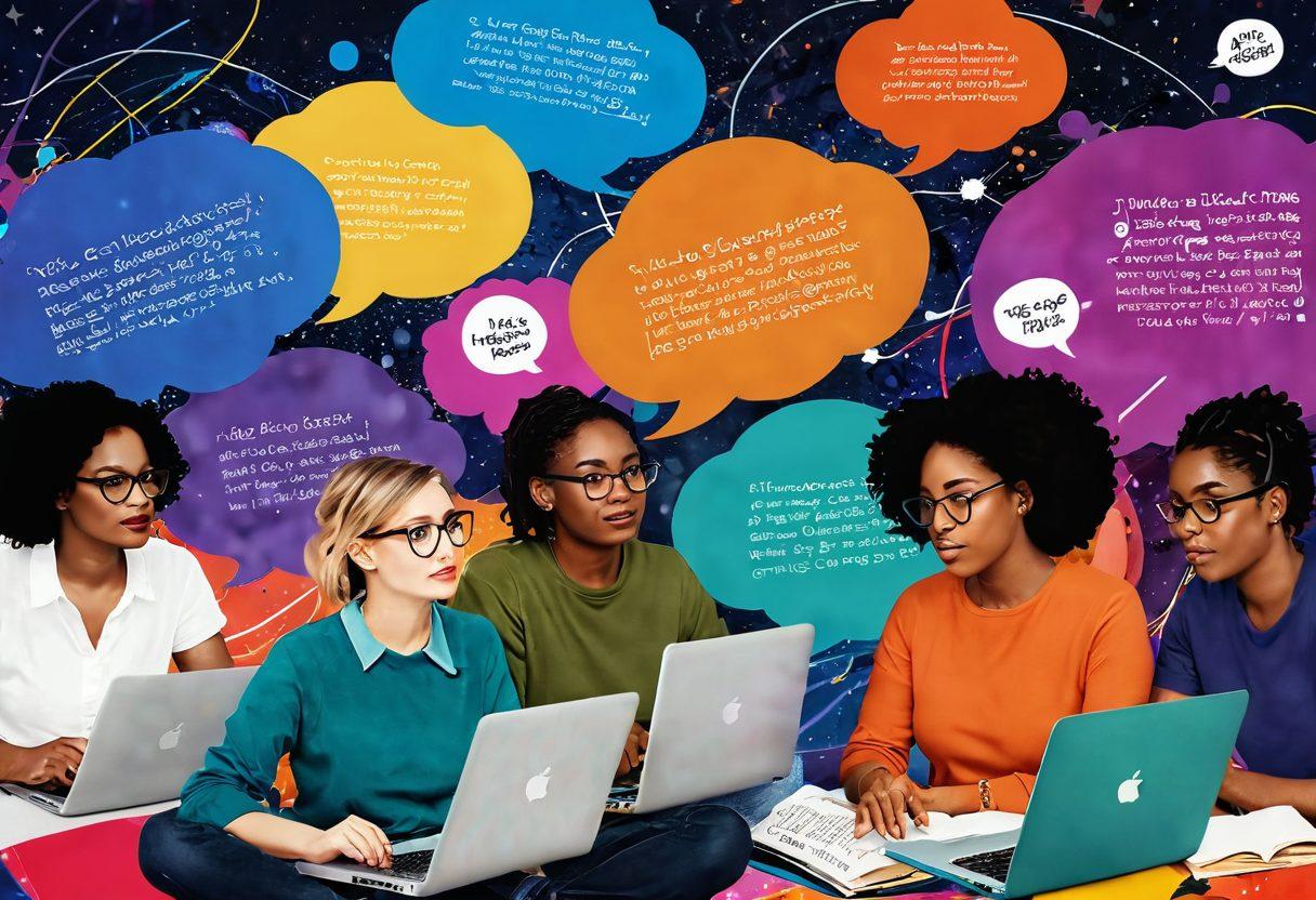 A vibrant digital collage showcasing diverse bloggers writing on laptops surrounded by thought bubbles filled with storytelling elements like books, microphones, and social media icons. The background features a swirling universe of colors representing the blogosphere, with interconnected lines symbolizing information sharing. Artistic and engaging, conveying creativity and connectivity. vibrant colors. digital art. dynamic composition.